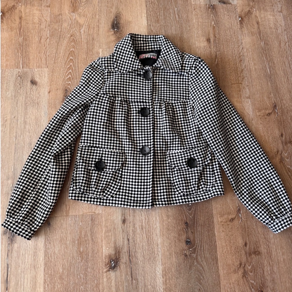 Vintage Zara TRF Houndstooth Wool Blend Y2K Button Up Coat Size small